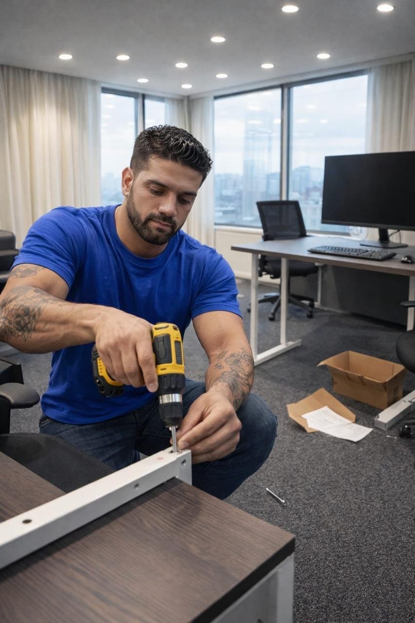 Marido de aluguel montando móvel com furadeira